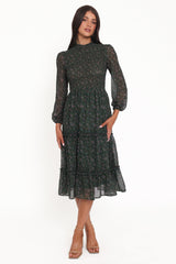Edwina Shirred Frill Long Sleeve Midi Dress - Olive Floral