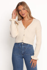 Zana Ribbed Ruffle Cuff Knit Sweater - Cream