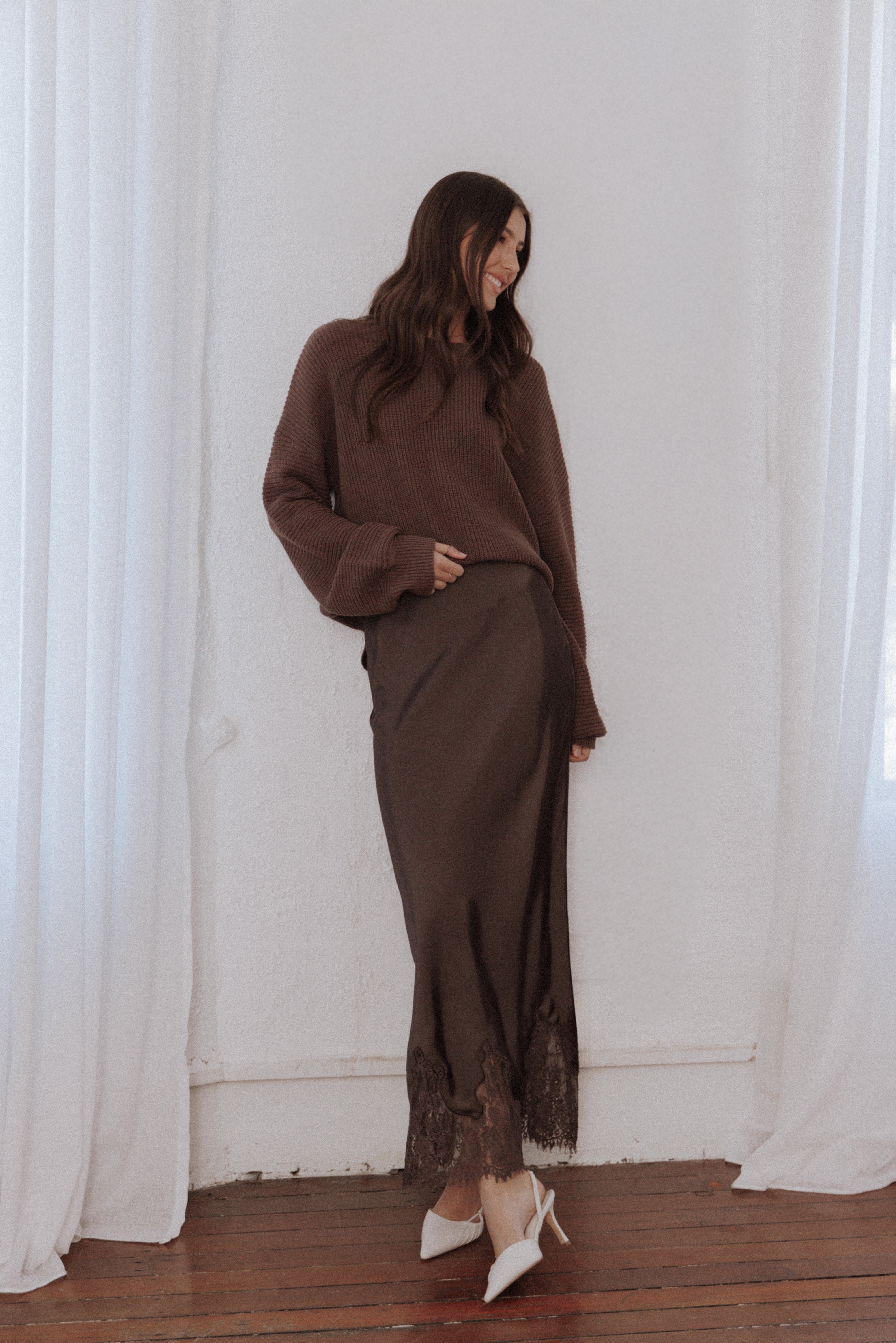 Alira Lace Trim Midi Skirt - Brown