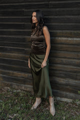 Nellie Satin Midi Skirt - Olive