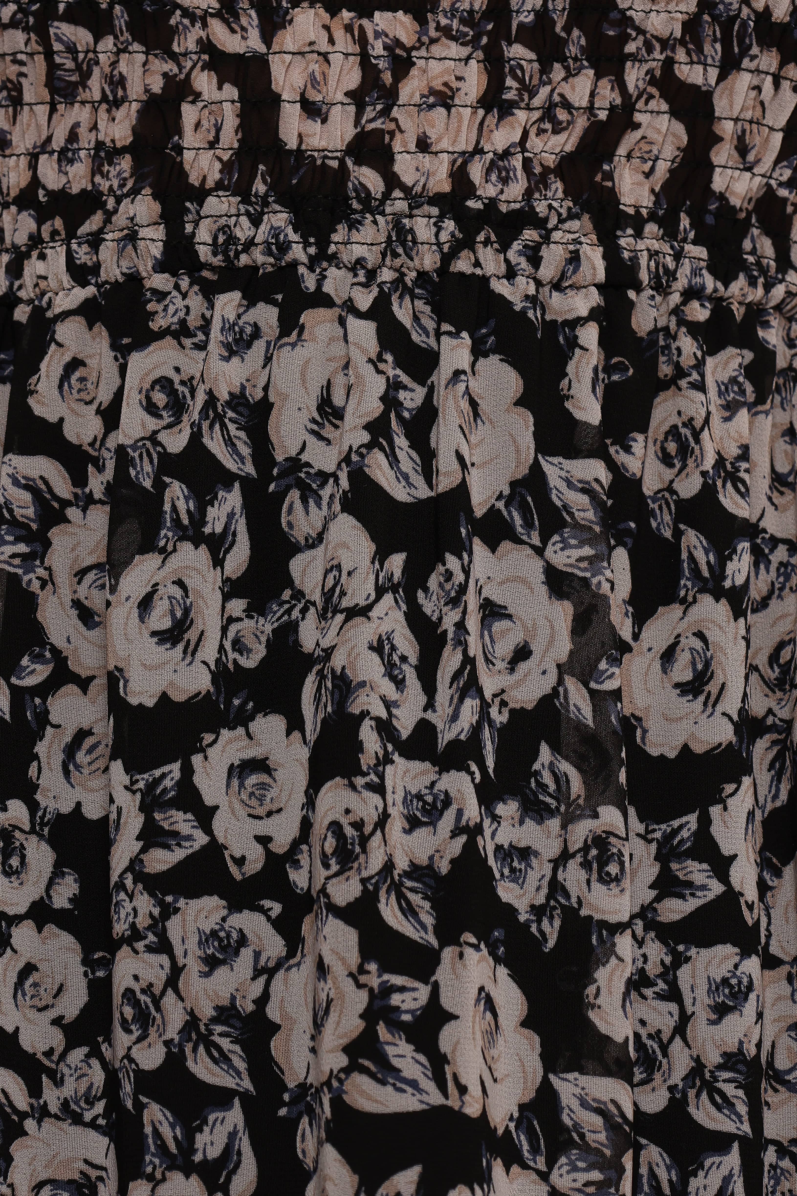 Edwina Shirred Frill Long Sleeve Midi Dress - Black Floral