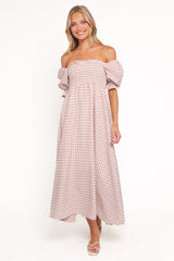 Siun Short Sleeve Midi Dress - Brown Gingham