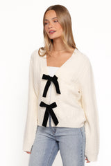 Bree Velvet Bow Cardigan - Cream
