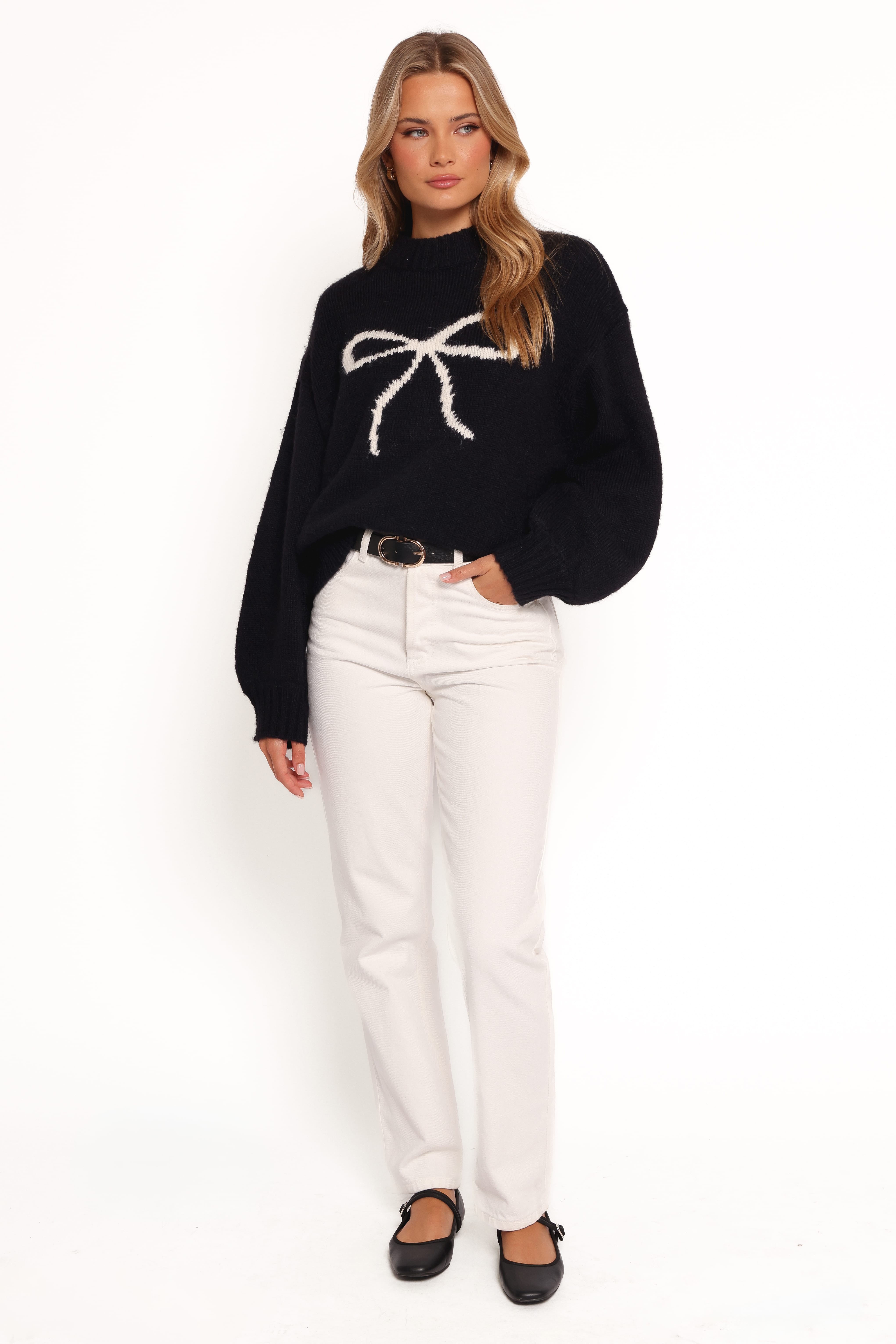 Cecelia Bow Print Mock Neck Knit Sweater - Black