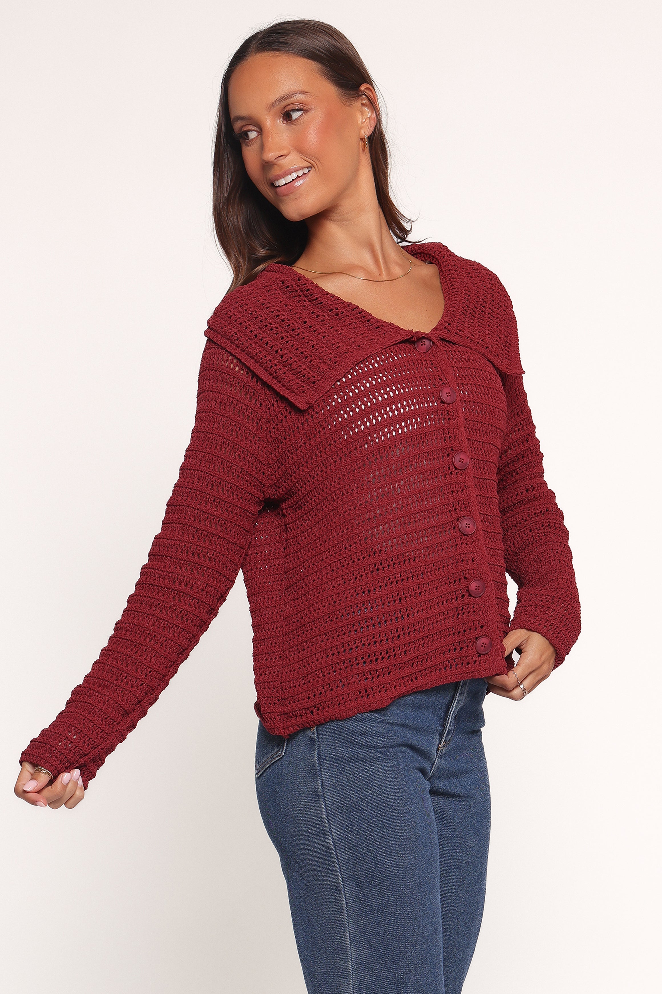 Lyra Large Collar Cardigan - Burgundy
