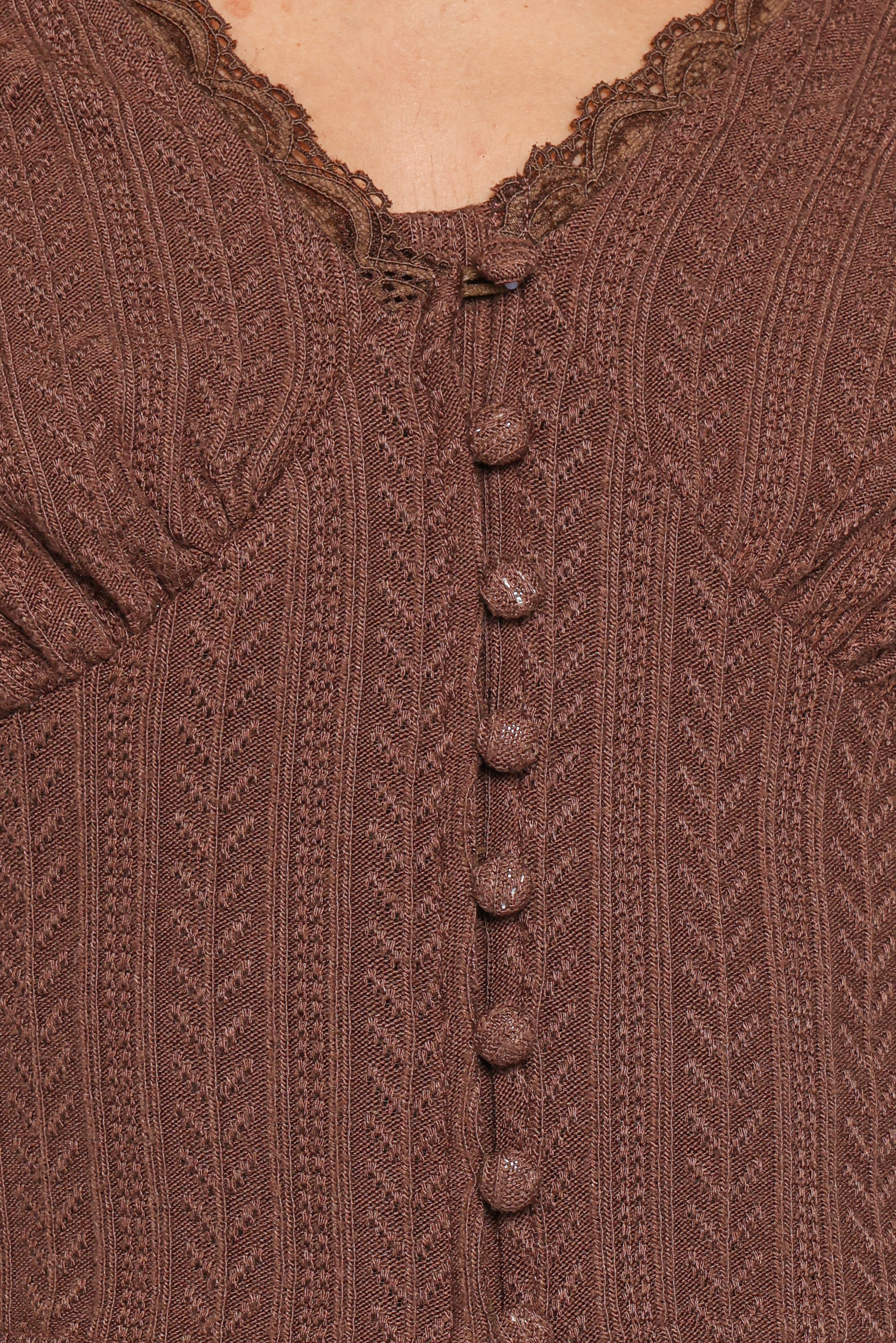 Leslie Long Sleeve Textured Button Front Top - Chocolate